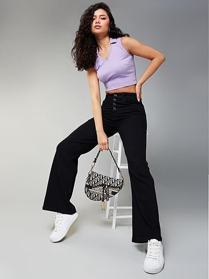 Women's crudo women's wide-leg high-rise stretchable patch-pocketed denim jeans - Image 4