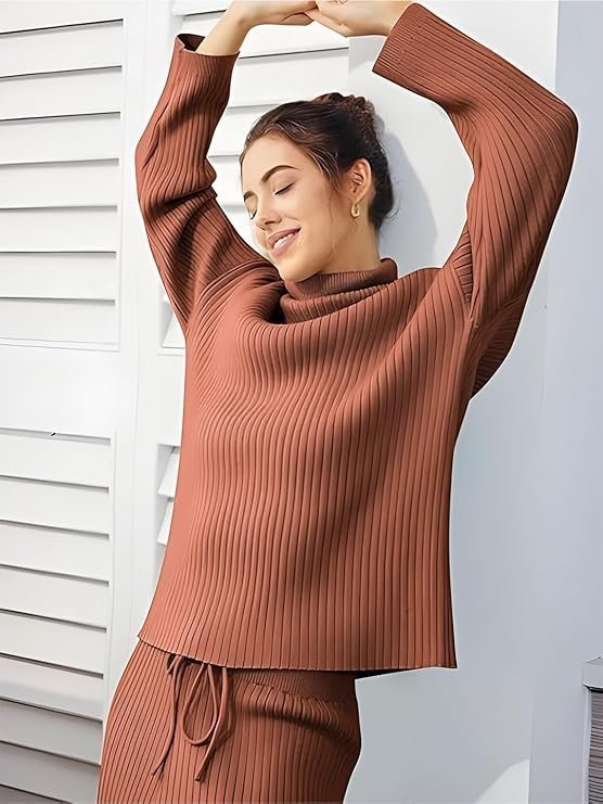 Women's tysort women’s winter woolen turtleneck sweater with pajama | warm winter wear cord set | woolen tracksuit loungewear set - Image 4