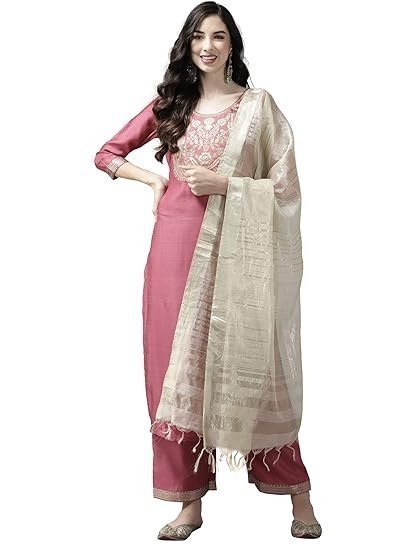 Women's indo era women's cotton blend yoke design straight kurta pant with dupatta set - Image 2