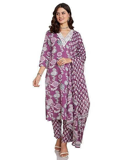 women's blend regular cotton rich printed kurta pant set with dupatta