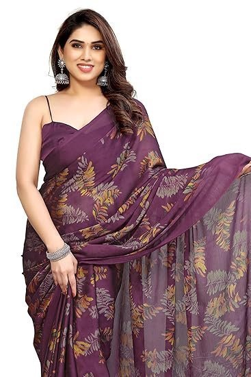 Women's fashion women's stylish chiffon leaf printed saree with blouse piece - Image 2