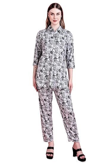 Women's women’s digital printed co-ord set with mandarin collar, 3/4 sleeves & button-down design | full pair fancy travel kurta set - Image 2