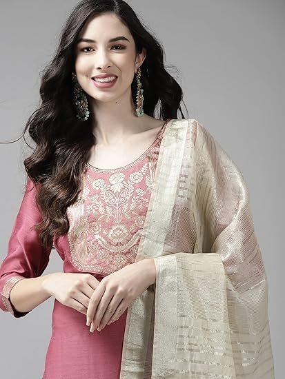 Women's indo era women's cotton blend yoke design straight kurta pant with dupatta set