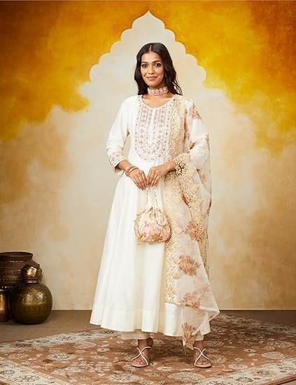 women's solid straight embroidered kurta pant set with organza dupatta