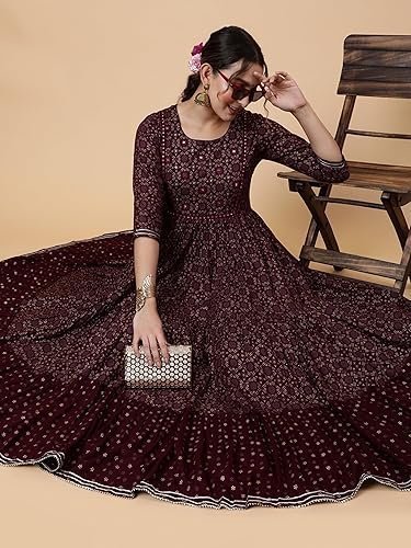 Women's ethnic printed cotton blend anarkali dress, burgundy, 3/4 sleeve, round neck, fit & flare