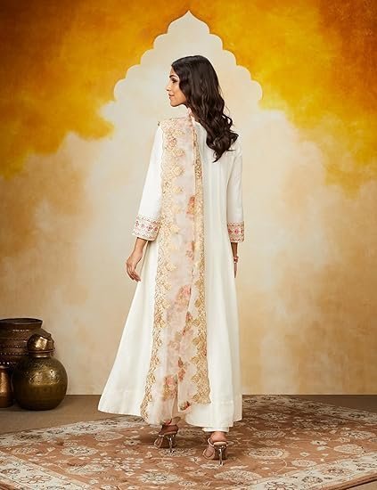 women's solid straight embroidered kurta pant set with organza dupatta - Image 5