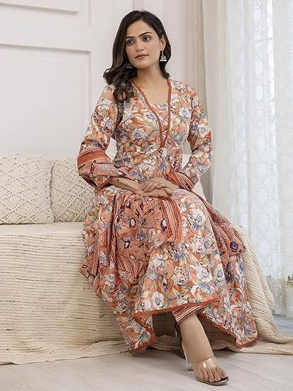 Women's parthvi women's printed cotton anarkali kurta & pant with dupatta set - Image 3