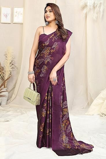 Women's fashion women's stylish chiffon leaf printed saree with blouse piece - Image 3