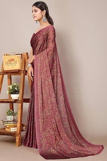 Women's fashion women's chiffon floral printed saree with blouse piece - Image 4