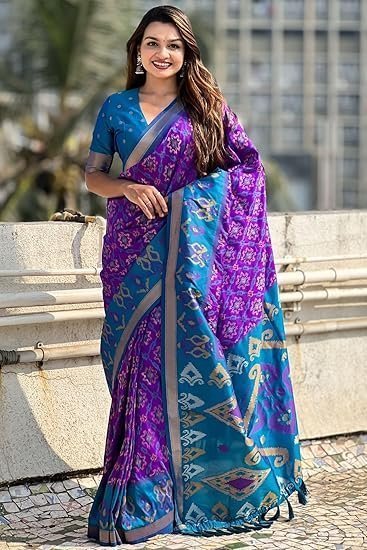 women's kanjivaram patola soft silk sarees with unstitched blouse piece - Image 3