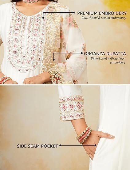women's solid straight embroidered kurta pant set with organza dupatta - Image 4