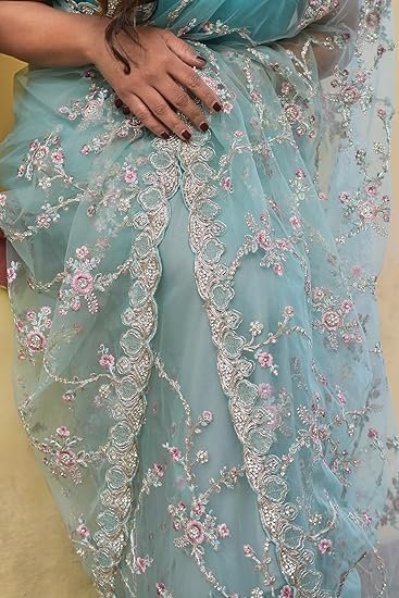 Women's mesche women's pastel mint green supernet saree with zari & sequin floral embroidery with unstitched blouse piece - Image 4