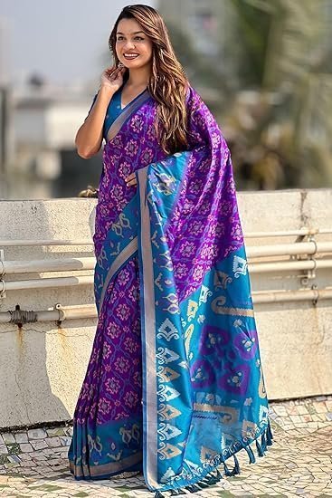 women's kanjivaram patola soft silk sarees with unstitched blouse piece - Image 5