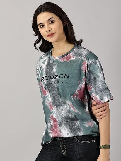Women's rodzen oversized | loose fit | half sleeves 100% cotton round neck tie-dye printed t-shirt for womens/girls - Image 5