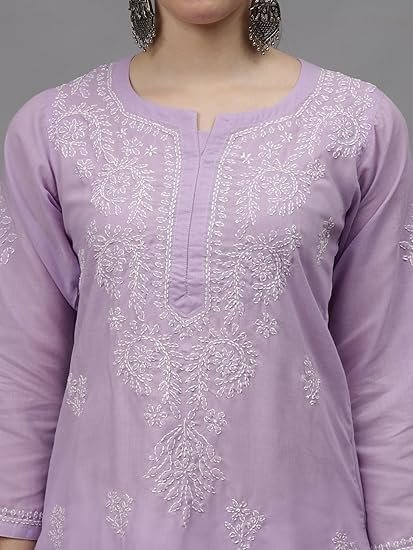 Women's seva chikan hand embroidered lucknowi chikankari cotton kurta kurti for women scl4655 - Image 2