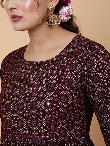 Women's ethnic printed cotton blend anarkali dress, burgundy, 3/4 sleeve, round neck, fit & flare - Image 5