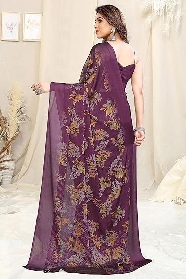 Women's fashion women's stylish chiffon leaf printed saree with blouse piece
