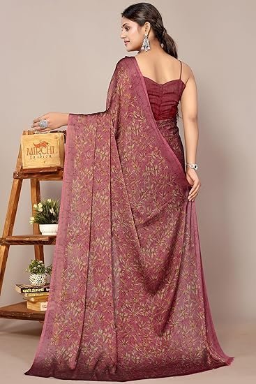 Women's fashion women's chiffon floral printed saree with blouse piece - Image 5