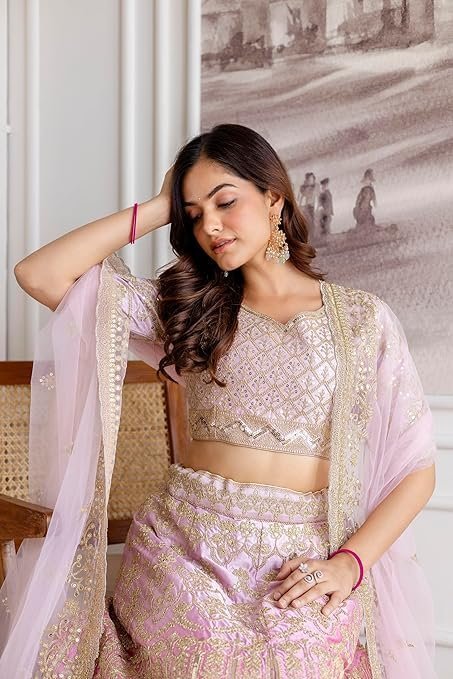 Women's trendmalls women's satin sequin embroidery bridal lehenga choli with net dupatta |bridal wedding lehenga choli for women - Image 4