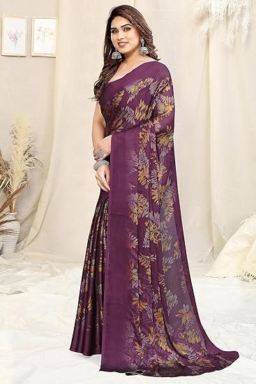 Women's fashion women's stylish chiffon leaf printed saree with blouse piece - Image 5