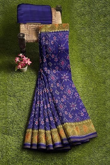 Women's garvi gurjari (a gujarat govt enterprise women blue shaded handloom single ikat silk patola saree (ggcsiks111) - Image 6