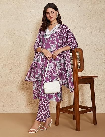 women's blend regular cotton rich printed kurta pant set with dupatta - Image 4