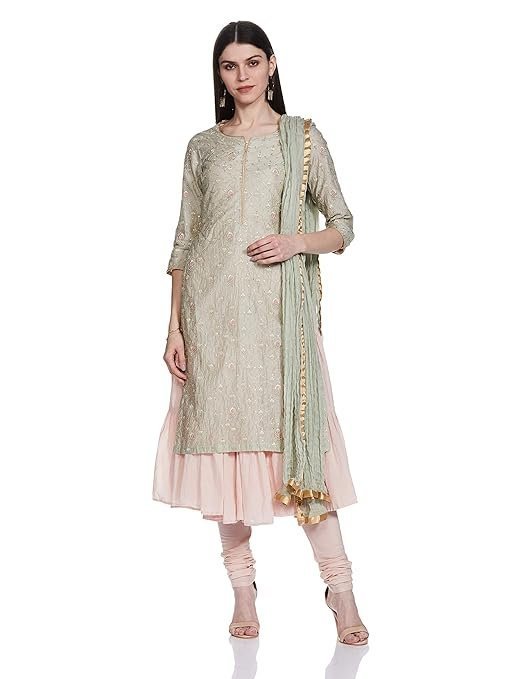 Women Double Layered Kurta Churidar Suit Set
